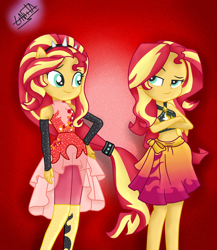 Size: 1300x1500 | Tagged: safe, artist:liniitadash23, imported from derpibooru, sunset shimmer, equestria girls, equestria girls series, forgotten friendship, alternate hairstyle, clothes, crossed arms, dress, gradient background, ponied up, red background, show accurate, simple background, swimsuit