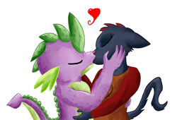 Size: 1024x696 | Tagged: safe, artist:chiptunebrony, imported from derpibooru, spike, anthro, cat, dragon, crossover, crossover shipping, eyes closed, female, heart, hug, kissing, mae borowski, maespike, male, night in the woods, older, older spike, shipping, straight