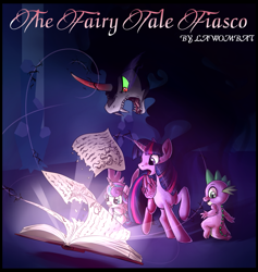 Size: 835x882 | Tagged: safe, artist:lawombat, imported from derpibooru, king sombra, princess flurry heart, spike, twilight sparkle, alicorn, umbrum, book, curved horn, fanfic, fanfic art, fanfic cover, sombra eyes, twilight sparkle (alicorn)