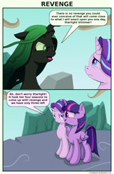 Size: 1116x1700 | Tagged: safe, artist:frenkieart, imported from derpibooru, queen chrysalis, starlight glimmer, twilight sparkle, alicorn, changeling, pony, unicorn, to where and back again, cloud, comic, dialogue, female, fourth wall, funny, horn, mare, sky, text, twilight sparkle (alicorn), wings