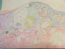 Size: 4032x3024 | Tagged: safe, artist:seriousponylovers, imported from derpibooru, princess celestia, princess luna, alicorn, pony, blanket fort, cewestia, female, filly, past, pillow, pillow fight, traditional art, woona, young celestia, young luna, younger