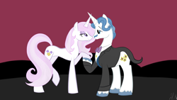 Size: 3264x1836 | Tagged: safe, artist:chelseawest, imported from derpibooru, fancypants, fleur-de-lis, pony, clothes, fancyfleur, female, holding hooves, looking at each other, male, shipping, straight