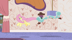 Size: 1280x720 | Tagged: safe, imported from derpibooru, screencap, fluttershy, pegasus, pony, discordant harmony, chase lounge, duo, fainting couch, female, leaping, living object, mare