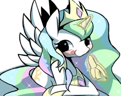 Size: 1024x809 | Tagged: safe, artist:ccc, imported from derpibooru, princess celestia, alicorn, pony, banana, crown, cute, cutelestia, female, food, jewelry, magic, mare, regalia, simple background, solo, tongue out, white background