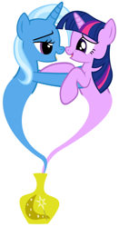 Size: 294x560 | Tagged: safe, artist:navitaserussirus, imported from derpibooru, trixie, twilight sparkle, genie, asktwixiegenies, female, lesbian, lidded eyes, shipping, simple background, twixie, white background