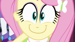 Size: 1920x1080 | Tagged: safe, imported from derpibooru, screencap, fluttershy, rarity, equestria girls, equestria girls (movie), c:, c=, close-up, faic, female, happyshy, looking at you, nightmare fuel, smiling, solo focus, staring at you, staring into your soul