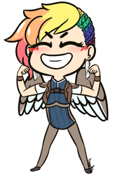 Size: 657x1000 | Tagged: safe, artist:lilliesinthegarden, imported from derpibooru, oc, oc only, oc:rainbow feather, human, blushing, braid, chibi, cute, ear piercing, earring, flexing, humanized, interspecies offspring, jewelry, magical lesbian spawn, offspring, parent:gilda, parent:rainbow dash, parents:gildash, piercing, rainbow hair, winged humanization, wings