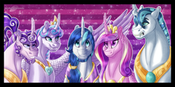 Size: 1548x768 | Tagged: safe, artist:bijutsuyoukai, imported from derpibooru, princess cadance, princess flurry heart, shining armor, oc, oc:pupa, oc:shimmering aegis, changepony, hybrid, pony, unicorn, female, interspecies offspring, jewelry, male, necklace, offspring, older, older flurry heart, parent:princess cadance, parent:queen chrysalis, parent:shining armor, parents:shining chrysalis, parents:shiningcadance, shiningcadance, shipping, stallion, straight