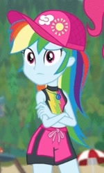 Size: 344x572 | Tagged: safe, imported from derpibooru, screencap, pinkie pie, rainbow dash, equestria girls, equestria girls series, forgotten friendship, clothes, cropped, crossed arms, female, rainbow dash's beach shorts swimsuit, swimming trunks, swimsuit