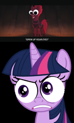 Size: 1342x2222 | Tagged: safe, edit, edited screencap, imported from derpibooru, screencap, fizzlepop berrytwist, tempest shadow, twilight sparkle, my little pony: the movie, crossing the memes, googly eyes, implied staring contest, meme, open up your *very* eyes, open up your eyes, special eyes, staring contest