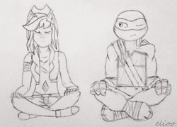 Size: 640x459 | Tagged: safe, artist:elioo, imported from derpibooru, equestria girls, crossover, crossover shipping, leonardo, meditating, one eye closed, ponied up, shipping, teenage mutant ninja turtles, tmnt 2012, traditional art