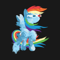 Size: 630x630 | Tagged: artist needed, safe, imported from derpibooru, rainbow dash, pegasus, pony, 3d glasses, dark background, design, female, shirt design, simple background, solo