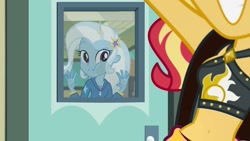 Size: 1344x756 | Tagged: safe, edit, edited screencap, imported from derpibooru, screencap, sunset shimmer, trixie, equestria girls, equestria girls series, forgotten friendship, classroom, clothes, door, stars, swimsuit, window