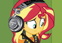 Size: 445x308 | Tagged: safe, edit, edited screencap, imported from derpibooru, screencap, sunset shimmer, equestria girls, equestria girls series, forgotten friendship, animated, clothes, female, headphones, jacket, meme, music, party sad, party soft, sad, sad eyes, sunsad shimmer, vibing