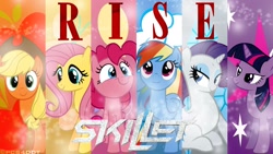 Size: 1920x1080 | Tagged: artist needed, safe, imported from derpibooru, applejack, fluttershy, pinkie pie, rainbow dash, rarity, twilight sparkle, earth pony, pegasus, pony, unicorn, album cover, cutie mark, female, mane six, mare, rise, skillet (band), unicorn twilight