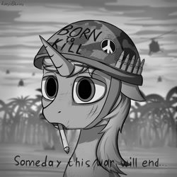Size: 2000x2000 | Tagged: safe, artist:adagiostring, imported from derpibooru, oc, oc only, pony, unicorn, born to kill, born to x, bullet, bust, cigarette, full metal jacket, grayscale, helicopter, helmet, jungle, male, military, monochrome, portrait, soldier, solo, stallion, thousand yard stare, vietnam war