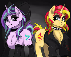 Size: 2201x1754 | Tagged: safe, artist:renwolf44, imported from derpibooru, starlight glimmer, sunset shimmer, pony, unicorn, backwards cutie mark, bow, chest fluff, choker, clothes, duo, eyeshadow, female, goth, hilarious in hindsight, jacket, leather jacket, makeup, mare, socks, spiked choker, stockings, thigh highs