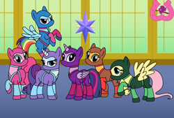 Size: 1024x692 | Tagged: safe, artist:author92, imported from derpibooru, applejack, fluttershy, pinkie pie, rainbow dash, rarity, twilight sparkle, alicorn, earth pony, pegasus, pony, unicorn, alternate clothes, alternate costumes, brightly colored ninjas, clothes, female, kunoichi, mane six, mare, mask, ninja, twilight sparkle (alicorn), twilight's castle