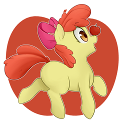 Size: 1280x1269 | Tagged: safe, artist:zoarity, imported from derpibooru, apple bloom, pony, abstract background, adorabloom, apple, balancing, blank flank, bow, cute, female, filly, food, hair bow, open mouth, ponies balancing stuff on their nose, solo, trotting