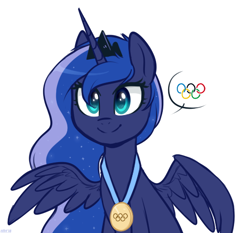 Size: 516x480 | Tagged: safe, artist:higgly-chan, imported from derpibooru, princess luna, alicorn, pony, bust, crown, cute, female, gold medal, jewelry, mare, medal, olympic rings, olympics, pictogram, regalia, simple background, smiling, solo, white background