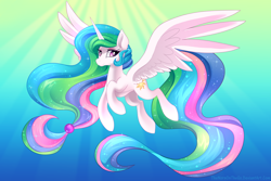 Size: 6000x4000 | Tagged: safe, artist:thenornonthego, imported from derpibooru, princess celestia, alicorn, pony, female, flying, horn, looking at you, mare, princess, smiling, solo, wings