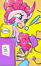 Size: 1900x3000 | Tagged: safe, artist:itsalwayspony, imported from derpibooru, pinkie pie, earth pony, pony, book, bread, cookie, cookie jar, female, food, ladle, mare, note, paper, toast, toaster