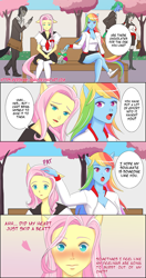 Size: 900x1700 | Tagged: safe, artist:erokami-chan, imported from derpibooru, fluttershy, rainbow dash, anthro, human, anime, clothes, comic, eared humanization, female, flutterdash, humanized, lesbian, pony coloring, school uniform, shipping, tailed humanization, webcomic