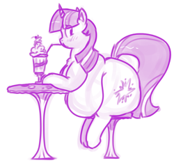 Size: 862x808 | Tagged: safe, artist:secretgoombaman12345, imported from derpibooru, twilight sparkle, pony, unicorn, chair, drinking, fat, female, large butt, mare, milkshake, monochrome, mushroom, obese, profile, sitting, solo, straw, table, twilard sparkle, twilight has a big ass, unicorn twilight