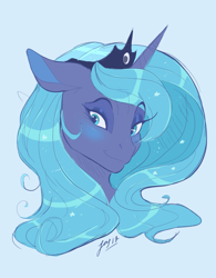 Size: 1600x2048 | Tagged: safe, artist:clockworkquartet, imported from derpibooru, princess luna, alicorn, blue background, blushing, bust, female, floppy ears, looking at you, mare, portrait, simple background, smiling, solo