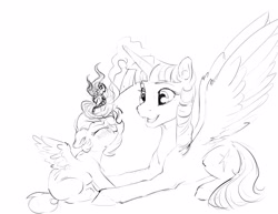 Size: 3300x2550 | Tagged: safe, artist:silfoe, imported from derpibooru, twilight sparkle, oc, oc:eventide glisten, alicorn, pony, other royal book, alicorn oc, black and white, duo, eyes closed, female, filly, fire, glowing horn, grayscale, magic, magical lesbian spawn, mare, monochrome, mother and daughter, offspring, parent:princess luna, parent:twilight sparkle, parents:twiluna, prone, simple background, sketch, smiling, twilight sparkle (alicorn), white background