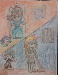 Size: 1024x1322 | Tagged: safe, artist:tobiisabunny, imported from derpibooru, oc, oc:daybreak flare, human, equestria girls, empress, evil empire, homeless, how the mighty have fallen, jerkass woobie, jester, loser