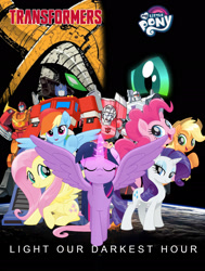 Size: 1600x2115 | Tagged: safe, artist:illumnious, artist:shutterflyeqd, imported from derpibooru, applejack, fluttershy, pinkie pie, queen chrysalis, rainbow dash, rarity, twilight sparkle, alicorn, fanfic:light our darkest hour, arcee, clash of hasbro's titans, cover art, crossover, hot rod, mane six, megatron, optimus prime, transformers, transformers generation 1, twilight sparkle (alicorn), unicron