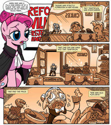 Size: 915x1037 | Tagged: dead source, safe, artist:brendahickey, idw, imported from derpibooru, pinkie pie, temperance flowerdew, earth pony, pony, spoiler:comic, spoiler:comic63, alternate hairstyle, anti-sugar pinkie pie, cake, carrie nation, comic, crying, diabetes fuel, fat, female, filly, flashback, foal, food, mare, official comic, pie, pinkamena diane pie, sepia, speech bubble, stomach ache, stuffed, sugar rush, this will end in diabetes, younger