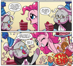 Size: 898x807 | Tagged: dead source, safe, artist:brendahickey, idw, imported from derpibooru, pinkie pie, temperance flowerdew, earth pony, pony, spoiler:comic, spoiler:comic63, cake, candy, carrie nation, comic, confetti, cropped, duo, female, floppy ears, food, glasses, hat, mare, official comic, old, one eye closed, party hat, speech bubble, wink