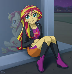 Size: 870x900 | Tagged: safe, artist:uotapo, imported from derpibooru, sunset shimmer, human, pony, unicorn, equestria girls, boots, clothes, courtyard, crying, cute, despair, duality, feels, female, homesick shimmer, human ponidox, magic mirror, mare, portal, reflection, sad, sadorable, self ponidox, shimmerbetes, shoes, skirt, solo, sunsad shimmer, teary eyes, woobie