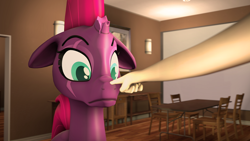 Size: 1920x1080 | Tagged: safe, artist:jachau, imported from derpibooru, tempest shadow, unicorn, my little pony: the movie, 3d, boop, broken horn, eye scar, faic, female, finger, floppy ears, hand, mare, non-consensual booping, room, scar, source filmmaker, surprised, table, this will end in pain