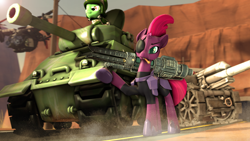 Size: 1920x1080 | Tagged: safe, artist:jachau, imported from derpibooru, tempest shadow, unicorn, my little pony: the movie, 3d, army, cannon, cigar, day, desert, dust, eyepatch, fallout, female, helicopter, imperial guard, looking at you, mare, road, source filmmaker, tank (vehicle), vertibird