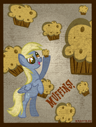 Size: 960x1280 | Tagged: safe, artist:krazykari, imported from derpibooru, derpy hooves, pony, female, food, muffin, poster, solo