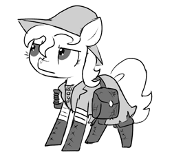 Size: 640x600 | Tagged: safe, artist:ficficponyfic, imported from derpibooru, oc, oc only, cyoa:the wizard of logic tower, annoyed, bag, cyoa, hat, leg wraps, monochrome, shovel, stitches, story included