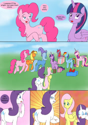 Size: 1000x1410 | Tagged: safe, artist:emilou1985, imported from derpibooru, applejack, fluttershy, pinkie pie, princess cadance, rainbow dash, rarity, trixie, twilight sparkle, twilight sparkle (alicorn), oc, alicorn, comic:signs, comic, cramp, dialogue, gritted teeth, looking up, mane six, misspelling, pain, pregnant, raised hoof, sunburst background, sweat, sweatdrop