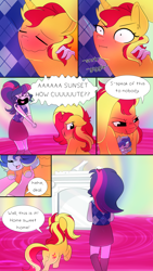 Size: 1080x1920 | Tagged: safe, artist:little-tweenframes, deleted from derpibooru, imported from derpibooru, sci-twi, sunset shimmer, twilight sparkle, oc, oc:sparkling sapphire, pony, unicorn, comic:portal sweet portal, series:sciset diary, equestria girls, blushing, comic, cute, embarrassed, female, floppy ears, lesbian, magical lesbian spawn, nose wrinkle, offspring, parent:sci-twi, parent:sunset shimmer, parents:scitwishimmer, scitwishimmer, scrunchy face, shimmerbetes, shipping, statue, sunsetsparkle, tsundere, tsunset shimmer