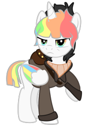 Size: 3462x4846 | Tagged: safe, artist:1ittlebird, imported from derpibooru, oc, oc only, oc:prismatic blitz, alicorn, pony, unicorn, alicorn oc, bomber jacket, clothes, female, grumpy, high res, jacket, mare, rainbow hair, raised hoof, simple background, solo, transparent background