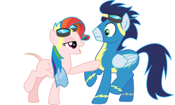 Size: 8799x5318 | Tagged: safe, artist:chrzanek97, edit, editor:slayerbvc, imported from derpibooru, vector edit, rainbow dash, soarin', pegasus, pony, newbie dash, absurd resolution, bald, bedroom eyes, casual nudity, clothed male nude female, clothes, female, furless, furless edit, goggles, male, mare, no shame, nude edit, nudity, plucked, rainbow fash, raised hoof, shaved, shaved tail, simple background, squishy chest, stallion, towel, transparent background, uniform, vector, wonderbolts uniform