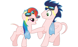 Size: 8799x5318 | Tagged: safe, artist:chrzanek97, edit, editor:slayerbvc, imported from derpibooru, vector edit, rainbow dash, soarin', pegasus, pony, newbie dash, absurd resolution, bald, bedroom eyes, casual nudity, female, furless, furless edit, goggles, male, mare, nude edit, nudity, plucked, rainbow fash, raised hoof, shaved, shaved tail, simple background, squishy chest, stallion, towel, transparent background, vector