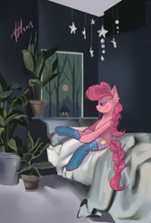 Size: 1200x1780 | Tagged: safe, artist:xjenn9, imported from derpibooru, pinkie pie, earth pony, pony, alternate hairstyle, bed, braided ponytail, braided tail, clothes, eyeshadow, makeup, potted plant, socks, solo, thigh highs