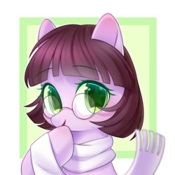 Size: 1500x1500 | Tagged: safe, artist:leafywind, imported from derpibooru, oc, oc only, pony, bust, clothes, colored pupils, female, glasses, looking at you, mare, open mouth, scarf, solo, starry eyes, wingding eyes