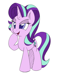 Size: 2000x2600 | Tagged: safe, artist:esfelt, imported from derpibooru, starlight glimmer, pony, unicorn, female, lidded eyes, mare, open mouth, raised hoof, simple background, smiling, solo, white background