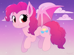 Size: 4000x3000 | Tagged: safe, artist:moozua, derpibooru exclusive, imported from derpibooru, pinkie pie, bat, bat pony, pony, bat ponified, cloud, cute, cute little fangs, diapinkes, digital art, fangs, female, flying, high res, looking at you, mare, pinkiebat, race swap, red eyes, smiling, solo, stars