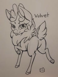 Size: 543x721 | Tagged: safe, artist:nekotigerfire, imported from derpibooru, part of a set, velvet reindeer, deer, reindeer, them's fightin' herds, female, monochrome, solo, standing, tongue out, traditional art, velvet (tfh)