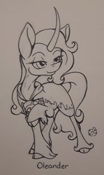 Size: 421x705 | Tagged: safe, artist:nekotigerfire, imported from derpibooru, part of a set, oleander, classical unicorn, unicorn, them's fightin' herds, book, cloak, clothes, cloven hooves, community related, female, hoof hold, leonine tail, monochrome, oleander (tfh), solo, standing, traditional art, unicornomicon, unshorn fetlocks